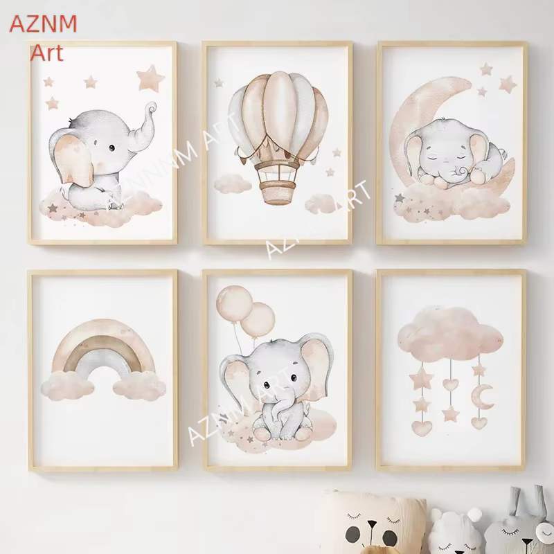 Baby Nursery Prints - 코끼리 풍선 무지개 달 별 구름