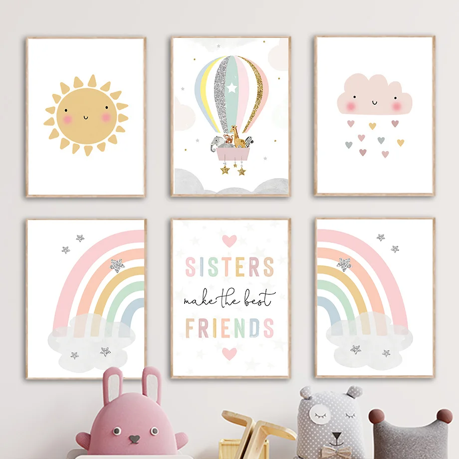Baby Nursery Prints - 기린 코끼리 열기구 태양 무지개 보육원
