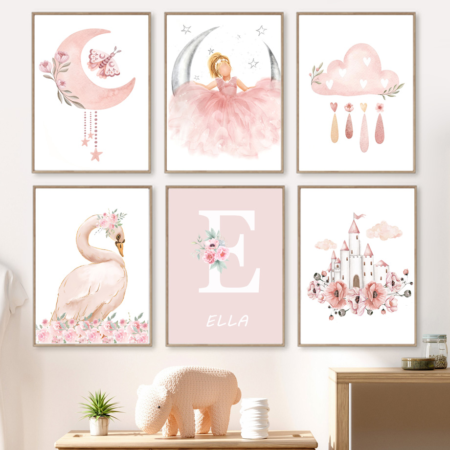 Baby Nursery Prints - 핑크 엔젤 소녀 태양 달 구름