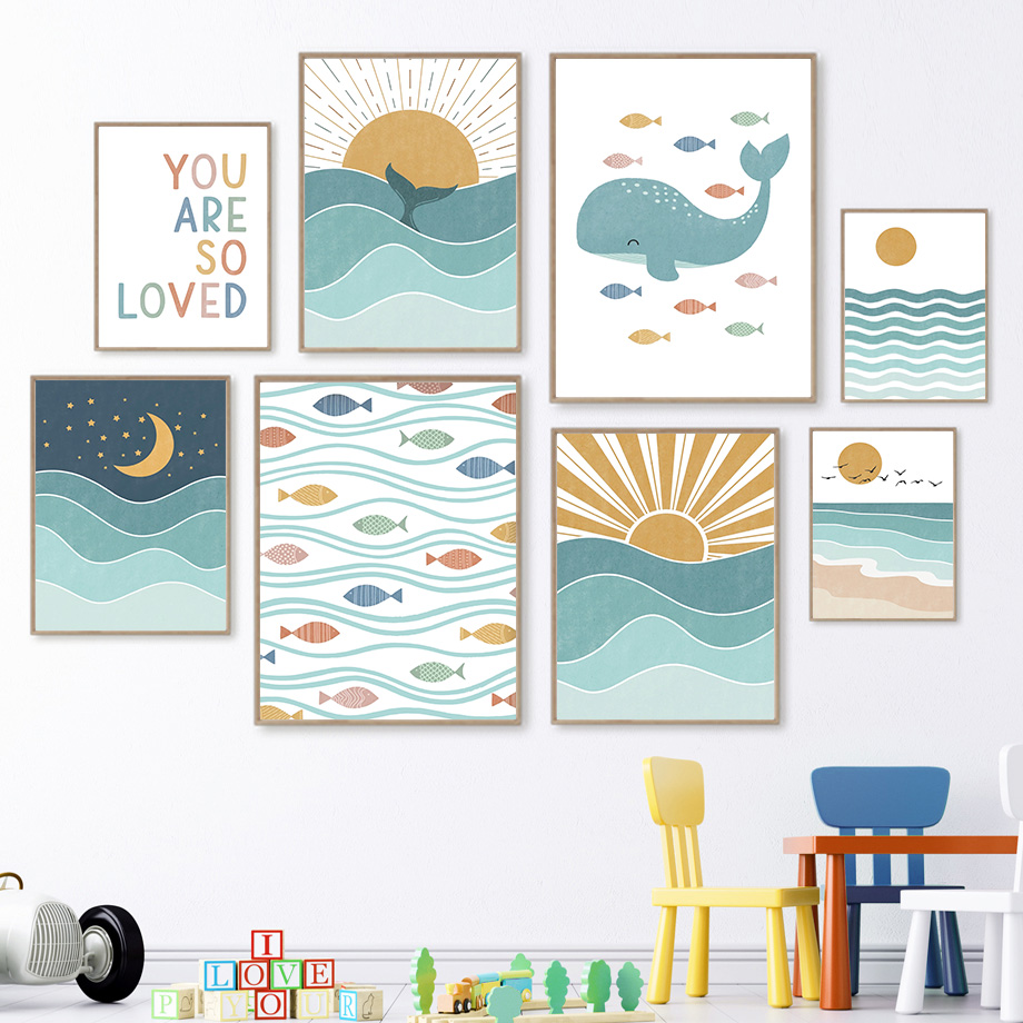 Baby Nursery Quotes Wall Art - (2D 캔버스 페인팅) 물고기 고래 갈매기