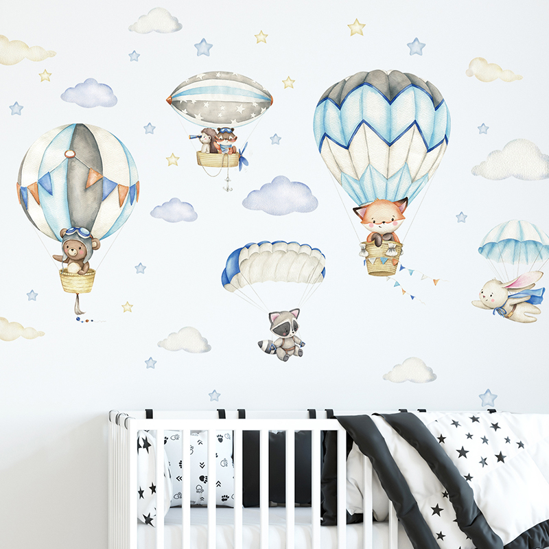 Baby Nursery Decals - 만화 귀여운 동물 뜨거운 공기 풍선