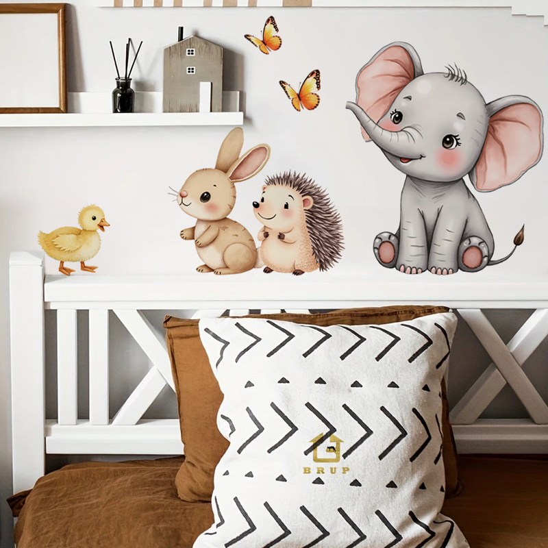 Baby Nursery Decals - 만화 동물 벽 스티커-코끼리 토끼 고슴도치