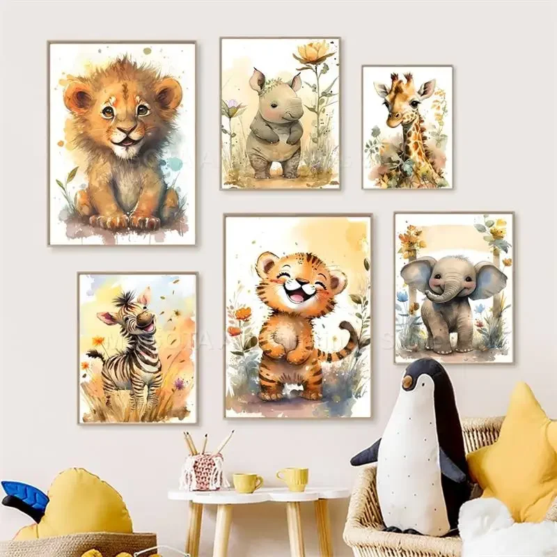 Animals Baby Nursery - 수채화 사자 기린 호랑이 코끼리 얼룩말