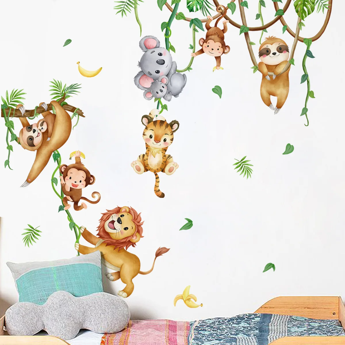 Baby Nursery Wallpaper Girl - 숲 동물 사자 나무늘보 원숭이 가지