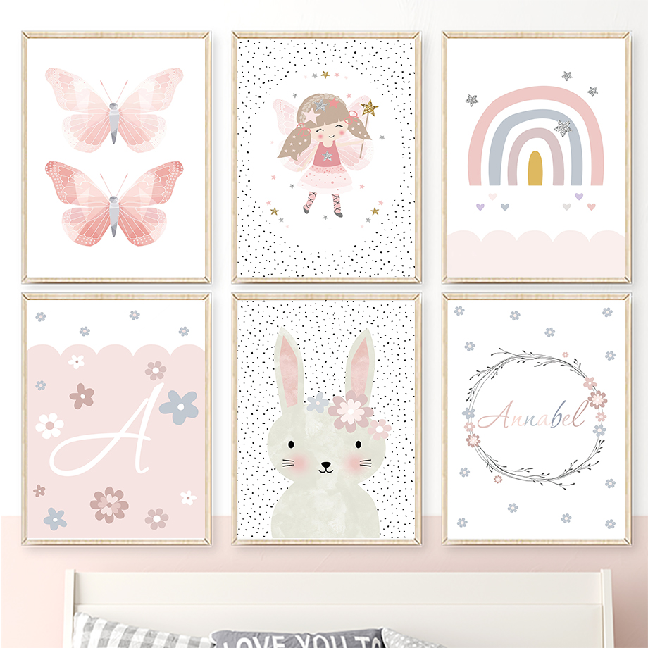 Baby Nursery Prints - 귀여운 소녀 토끼 꽃 나비 무지개