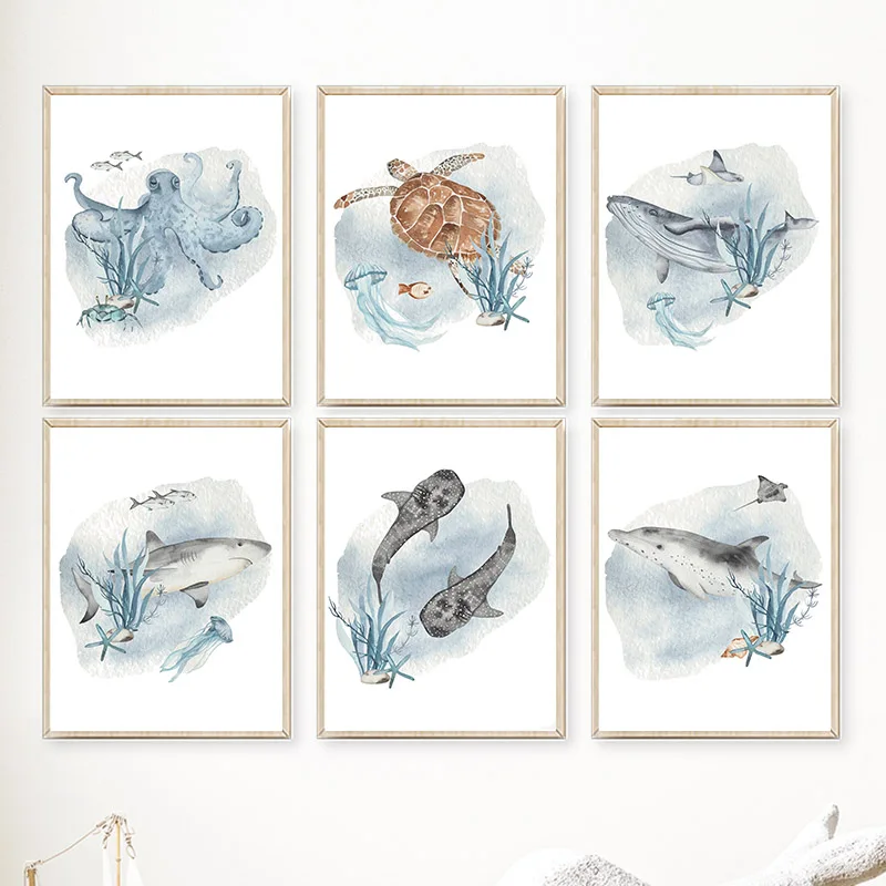 Animals Baby Nursery - 포스터와 인쇄물 고래 물고기 상어 문어