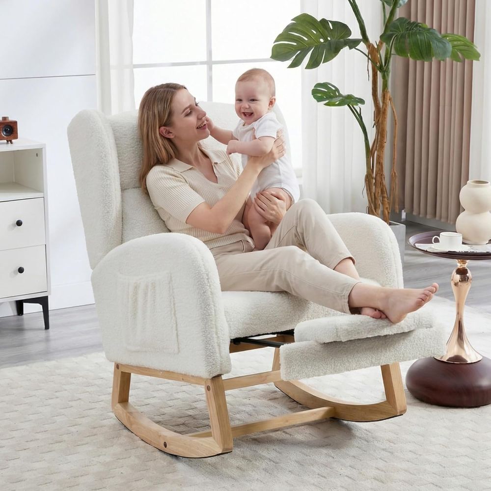 흰색 테디 스타일의 오토만, 사이드 테이블, 그리고 악 - Rocking Chair Nursery 리뷰 및 가격