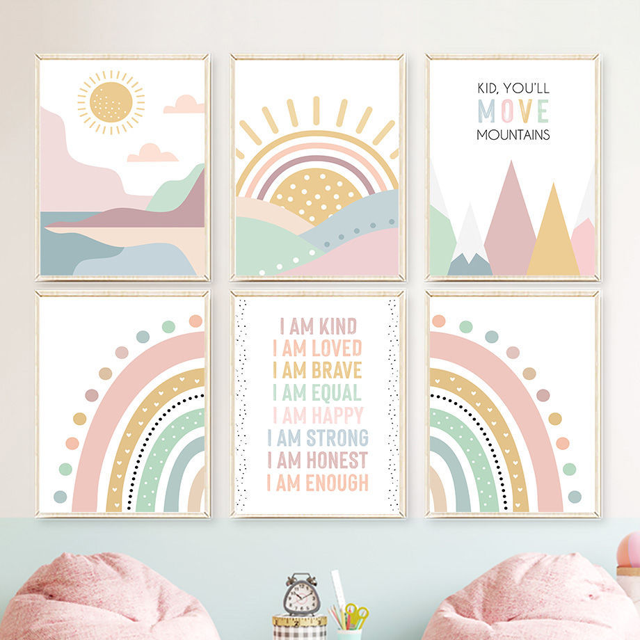 핑크 마운틴 썬 레인보우 인용문 보헤미안 보육원 북유럽 - Baby Nursery Quotes Wall Art 리뷰 및 가격