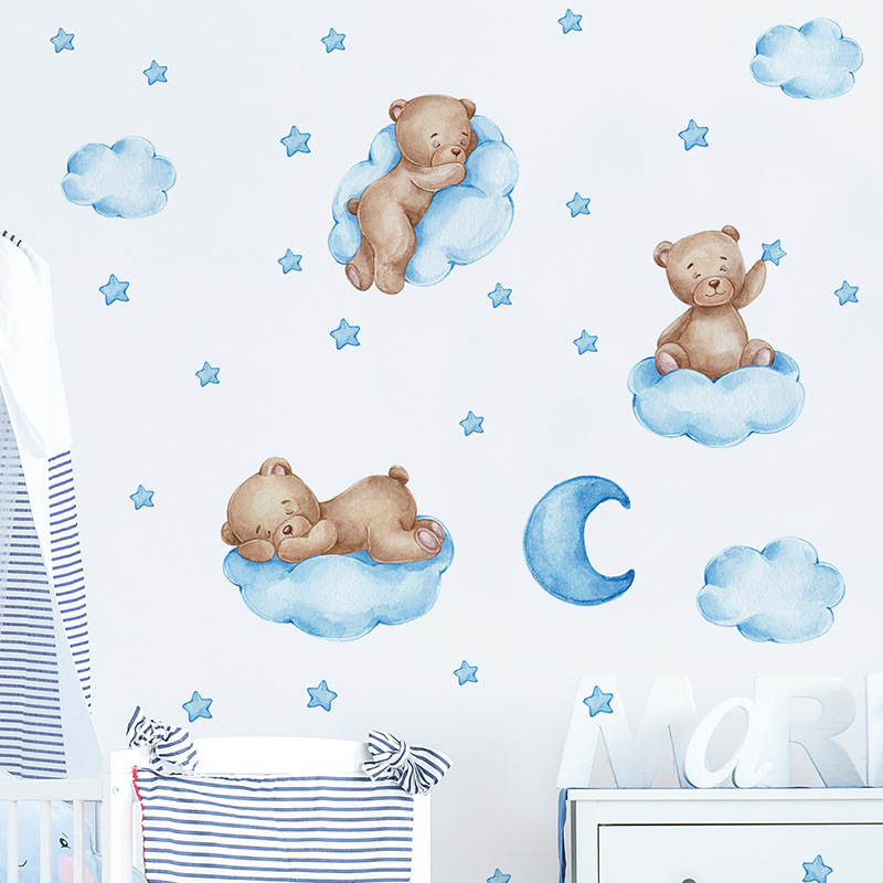 만화 파란색 테디베어 달 벽 스티커, 아이 방 아기방  - Baby Nursery Wallpaper Girl 리뷰 및 가격