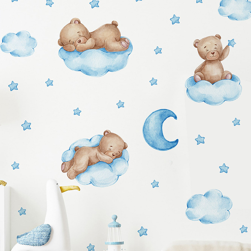 만화 파란색 테디베어 달 벽 스티커, 아이 방 아기방  - Baby Nursery Wallpaper Girl 리뷰 및 가격