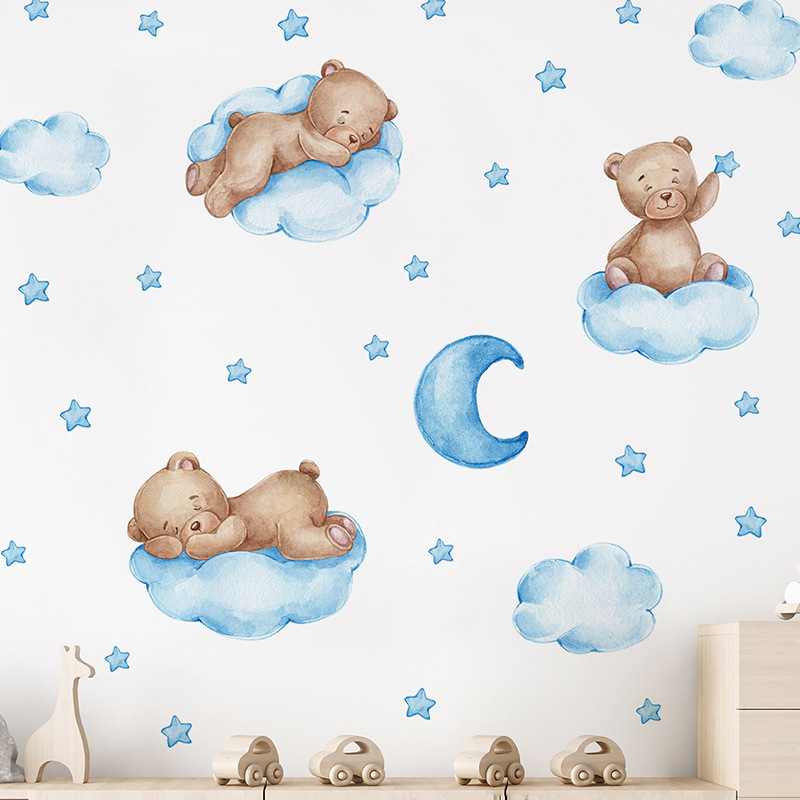 만화 파란색 테디베어 달 벽 스티커, 아이 방 아기방  - Baby Nursery Wallpaper Girl 리뷰 및 가격