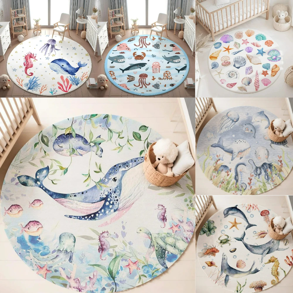 푸른색 해양 동물 원형 카펫 (거실, 여자아이 방, 아 - Baby Nursery Sets 리뷰 및 가격