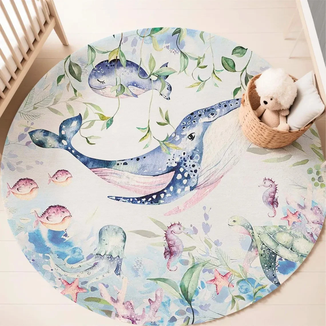 푸른색 해양 동물 원형 카펫 (거실, 여자아이 방, 아 - Baby Nursery Sets 리뷰 및 가격