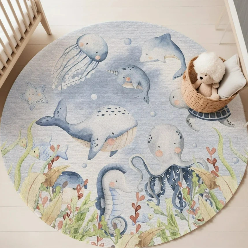 푸른색 해양 동물 원형 카펫 (거실, 여자아이 방, 아 - Baby Nursery Sets 리뷰 및 가격